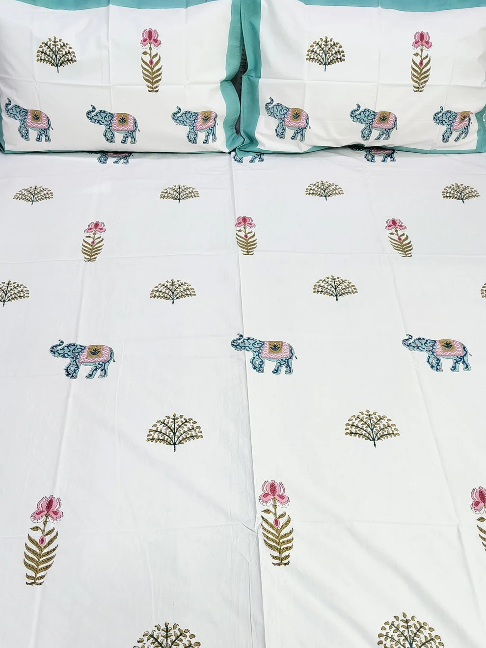 Traditional Elephant Block Printed Bedsheet (Fitted)